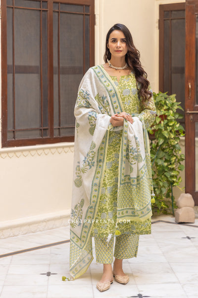 Chanderi Silk Block Print Mughal Jaal Kurta Set in Lily Green