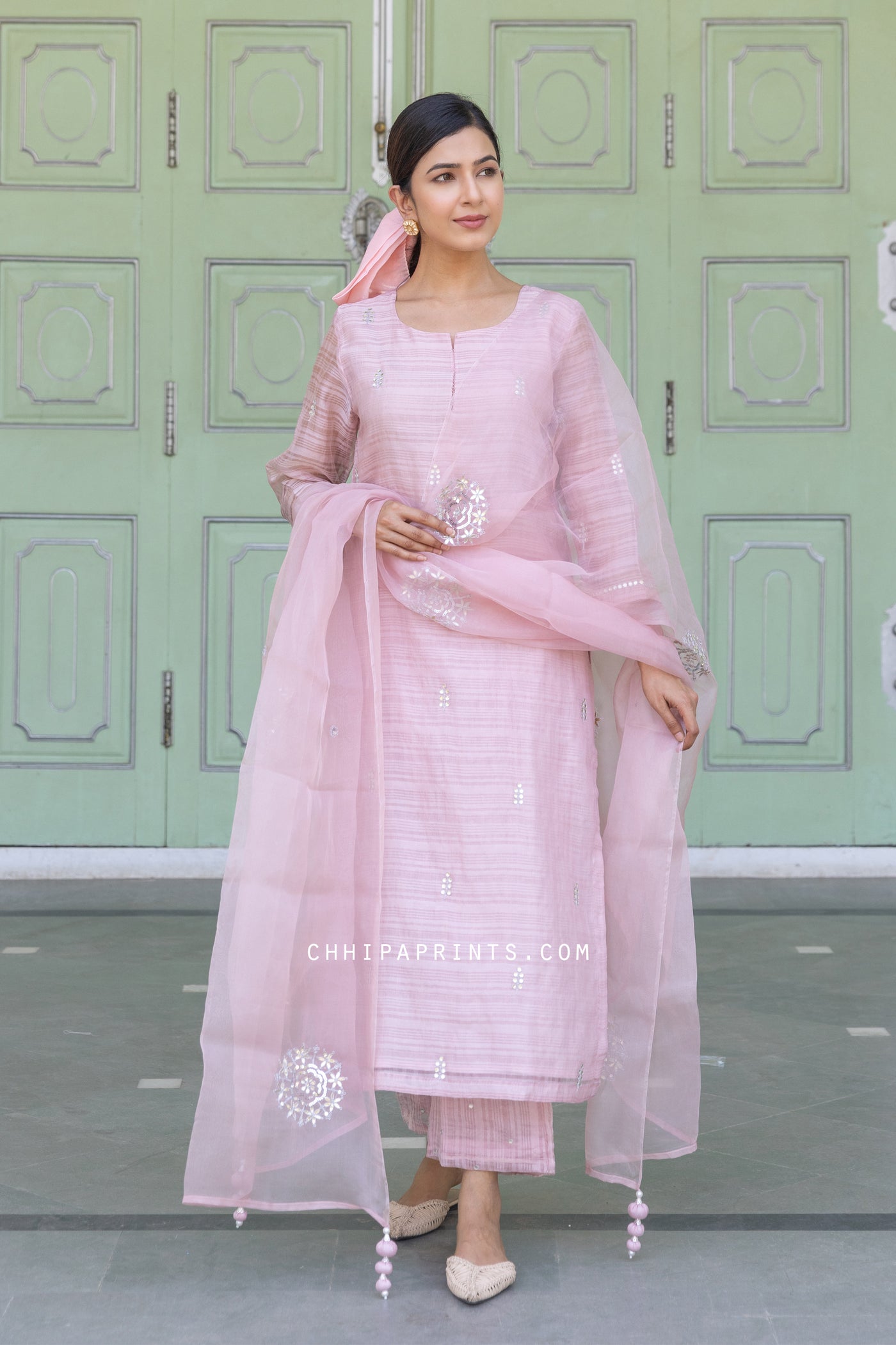 Chanderi Silk Dobby Gota Patti Suit Set in Pale Mauve from Inaayat Collection