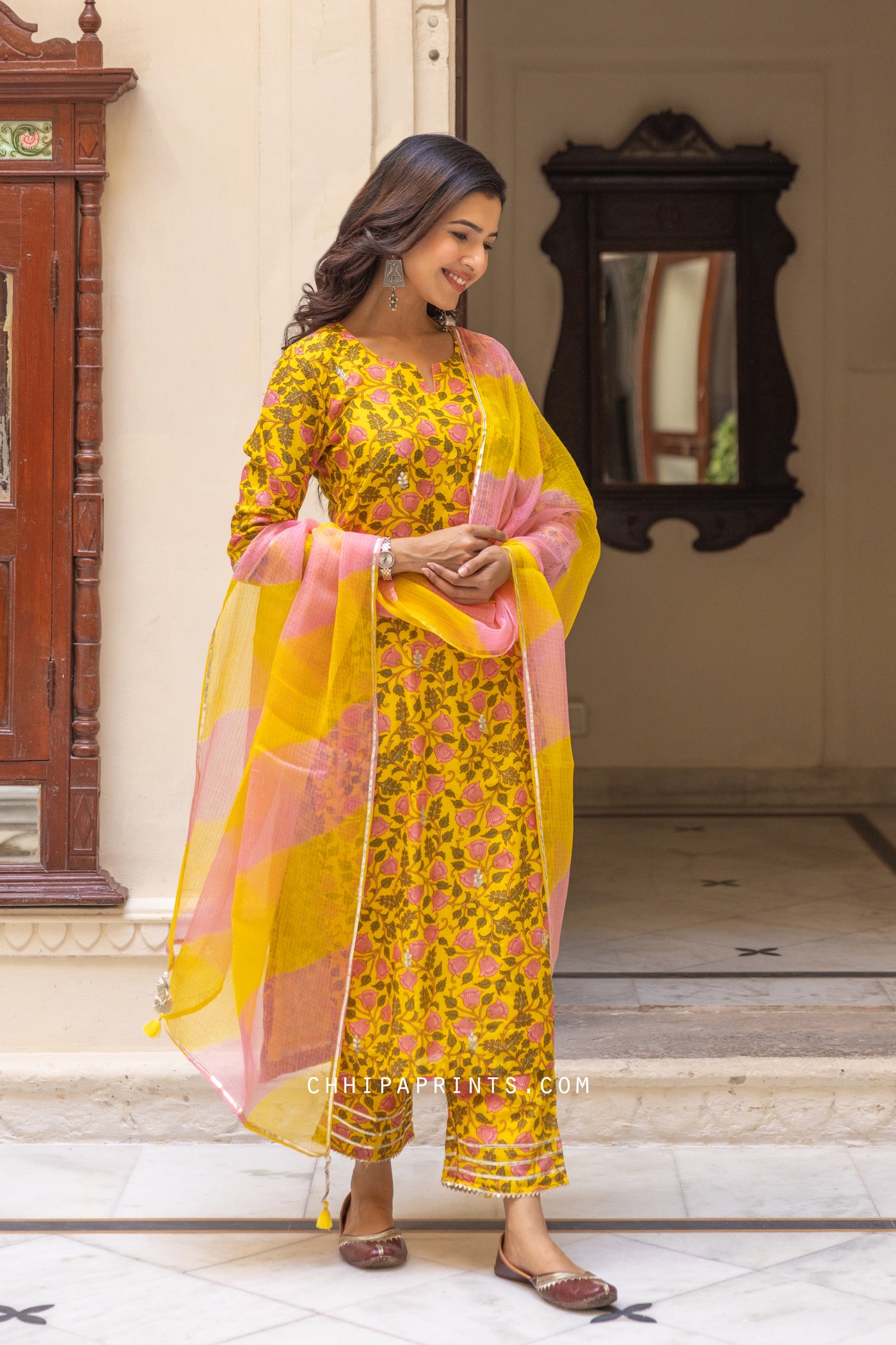 Cotton Silk Mughal Jaal Print Kurta Set in Yellow (Set of 3)
