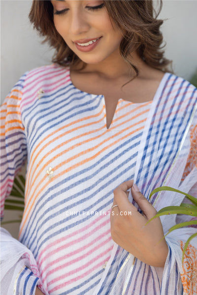 Kota Doria Stripes Print Kurta Set in Shades of Blue, Pink and Orange
