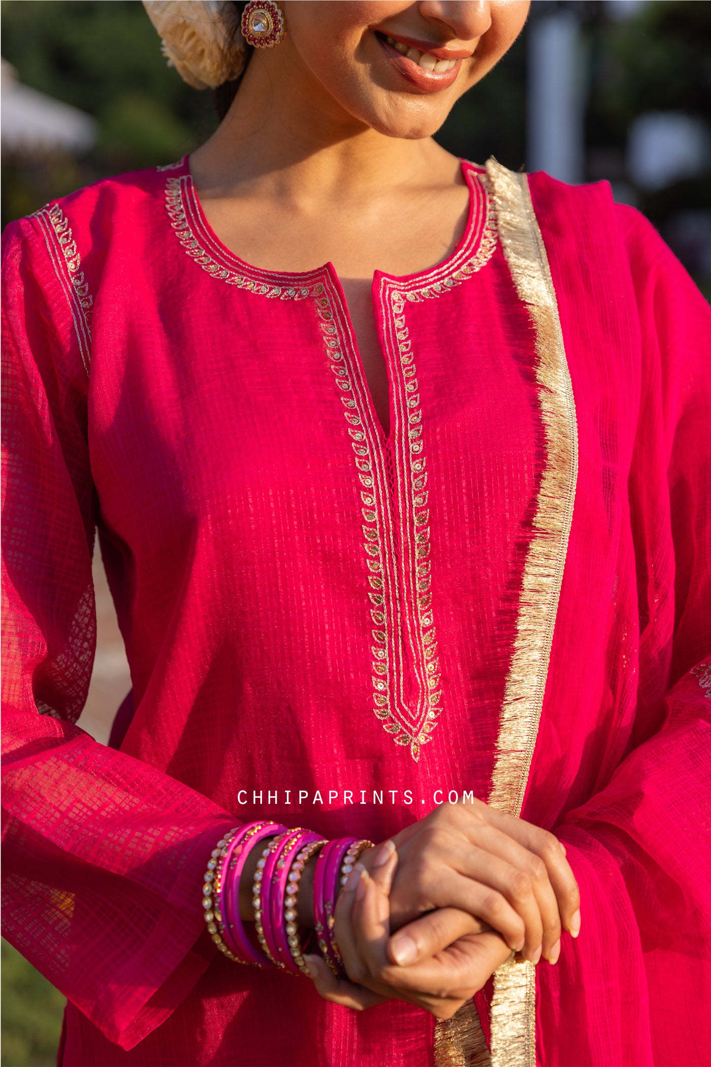 Chanderi Kota Checks Suit Set with Hand Embroidery in Hot Pink