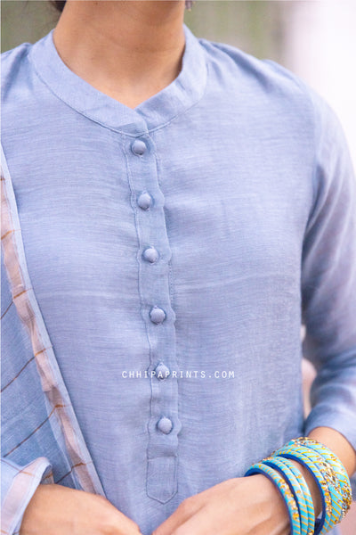 Chanderi Linen Plain Dye Suit Set in Shades of Pale Blue