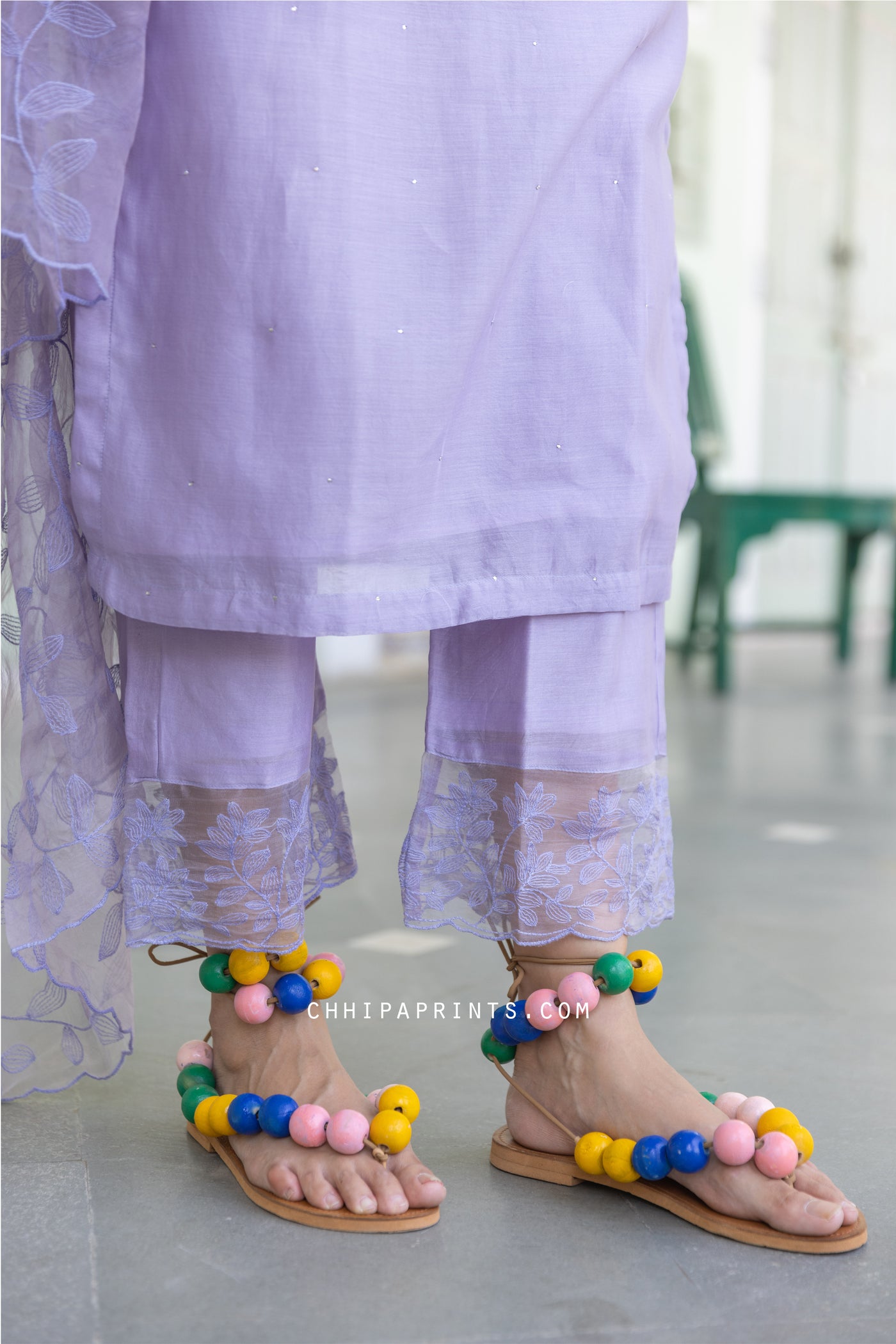 Chanderi Silk Mukaish Kurta Set with Organza Lace in Lavender