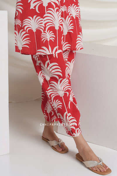 Cotton Hand Printed Palm Tree Co Ord Set in Red