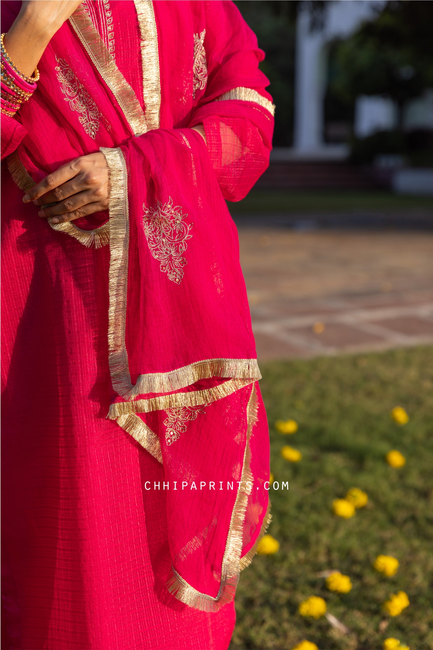 Chanderi Kota Checks Suit Set with Hand Embroidery in Hot Pink