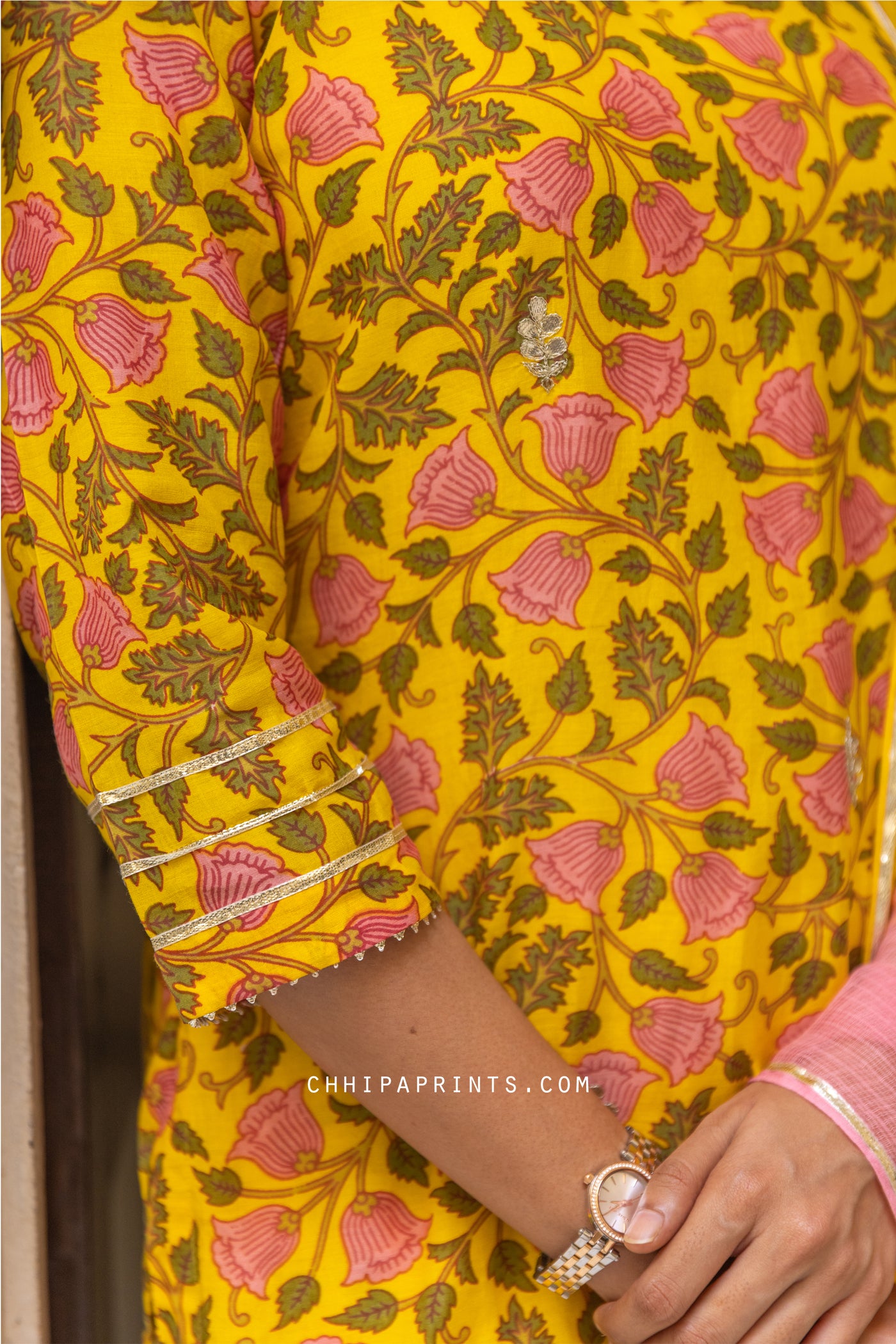 Cotton Silk Mughal Jaal Print Kurta Set in Yellow (Set of 3)