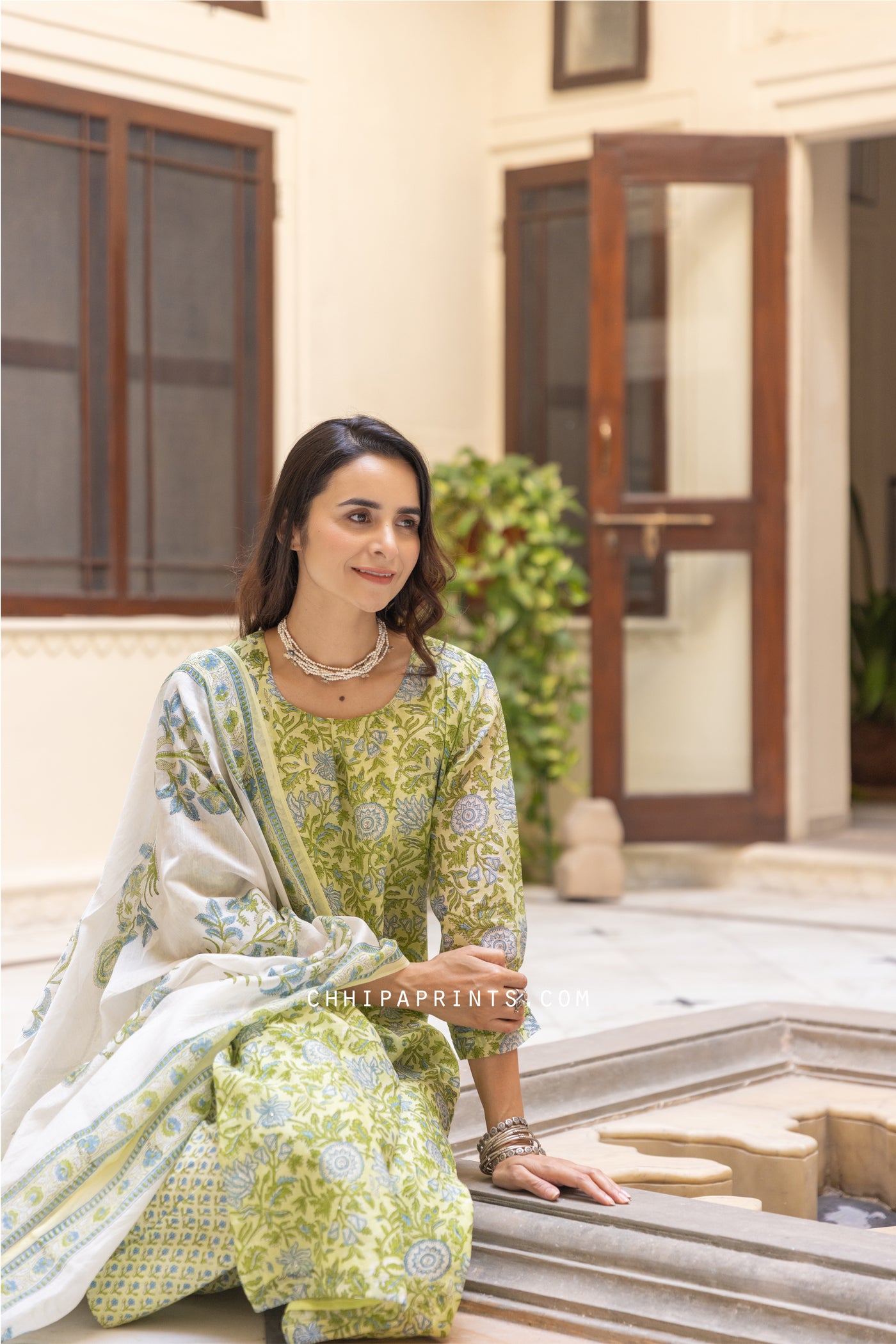 Chanderi Silk Block Print Mughal Jaal Kurta Set in Lily Green