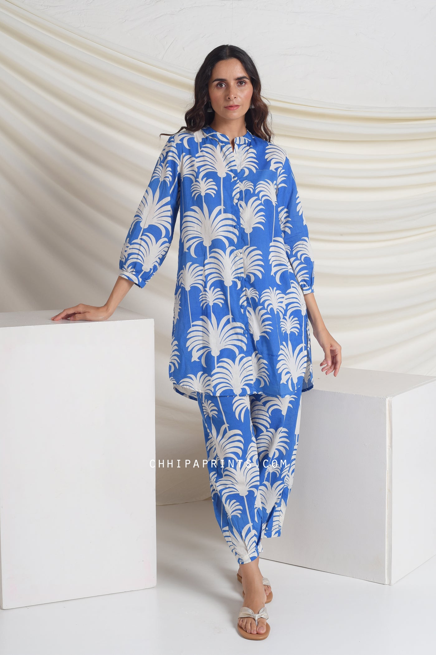 Cotton Hand Printed Palm Tree Co Ord Set in Royal Blue