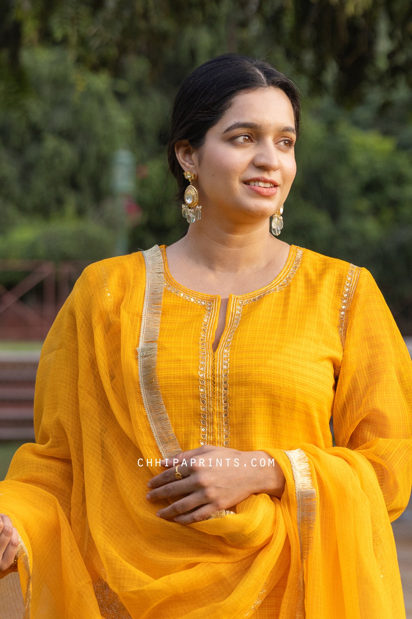 Chanderi Kota Checks Suit Set with Hand Embroidery in Golden Yellow