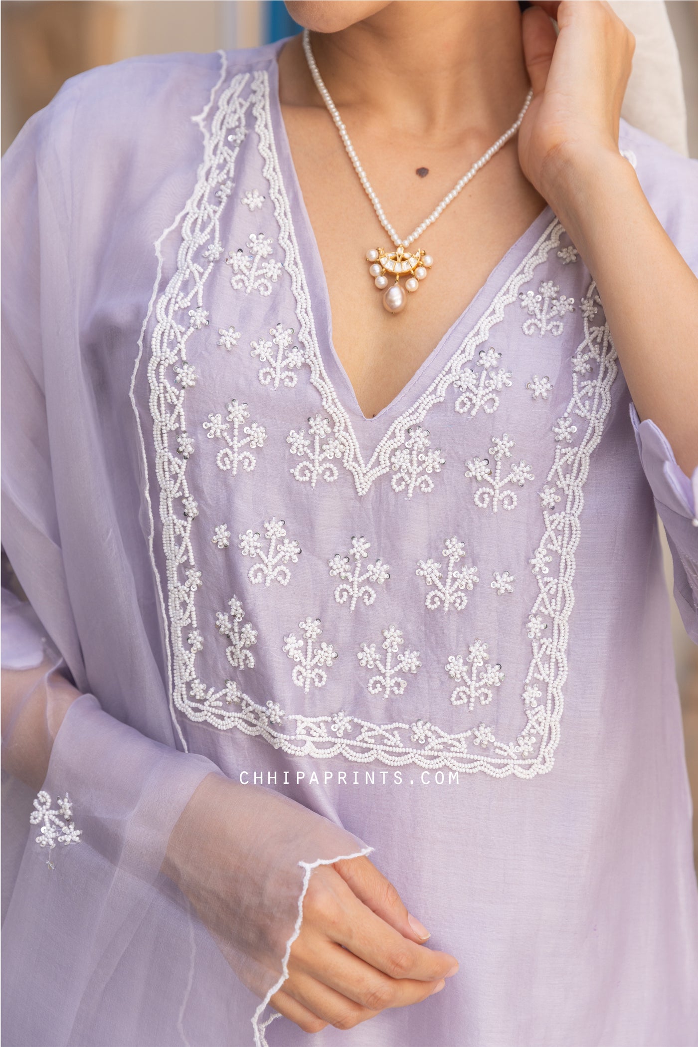 Chanderi Silk Pearl Embroidery Suit Set in Lavender