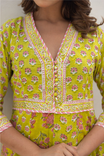 Cotton Block Print Anarkali Maxi Dress in Lime Green & Pink