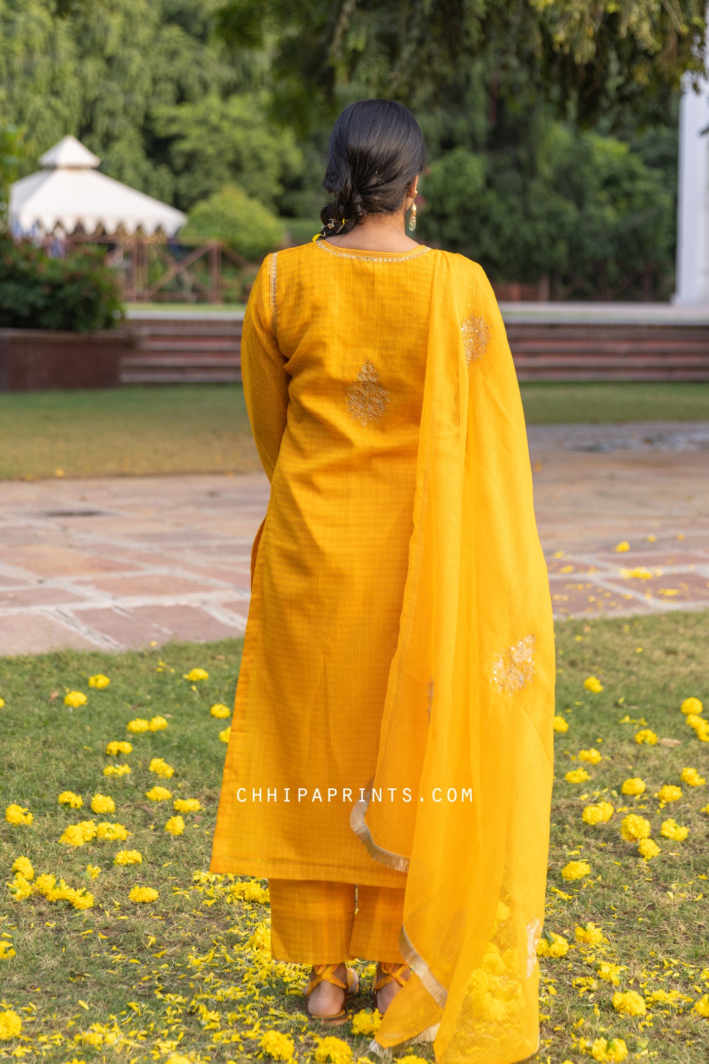 Chanderi Kota Checks Suit Set with Hand Embroidery in Golden Yellow