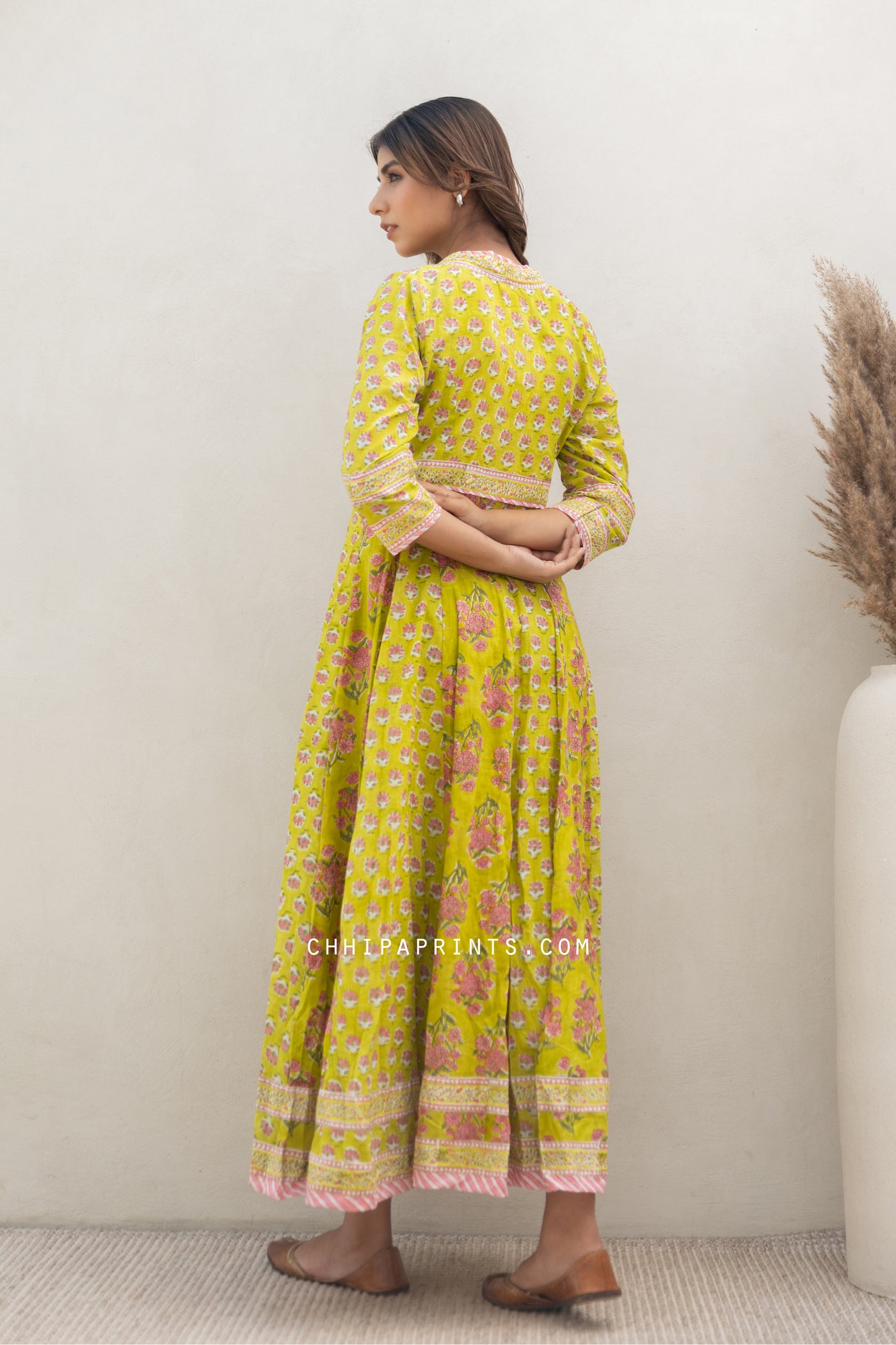 Cotton Block Print Anarkali Maxi Dress in Lime Green & Pink