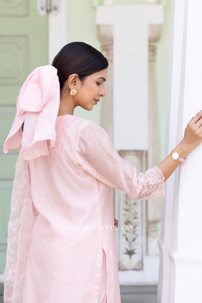Chanderi Silk Mukaish Kurta Set with Organza Lace in Cameo Rose