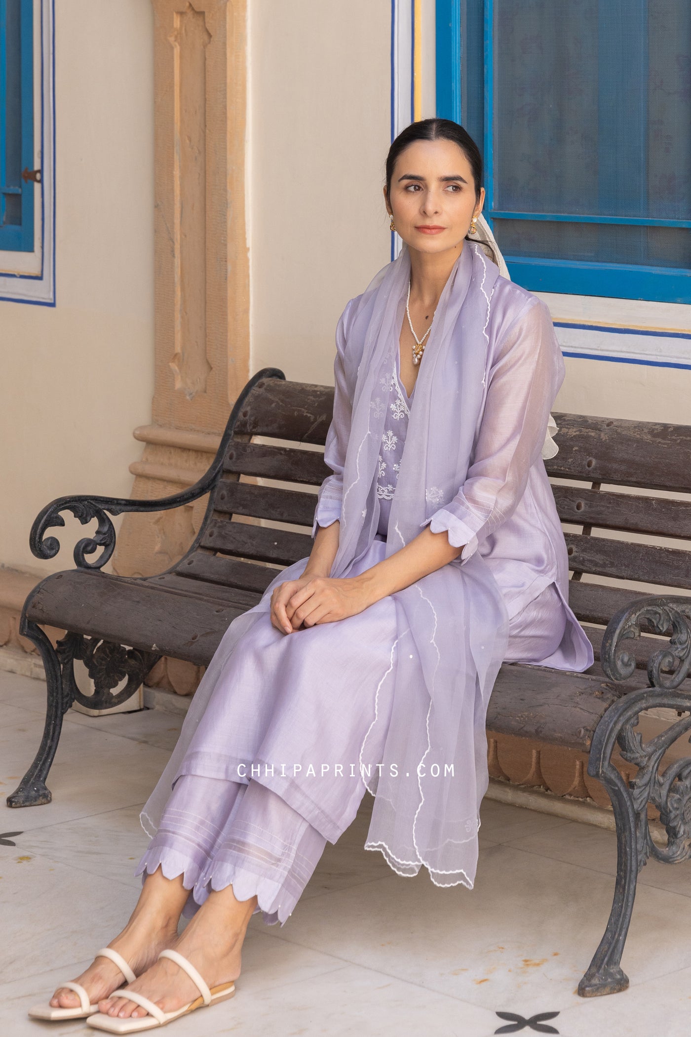 Chanderi Silk Pearl Embroidery Suit Set in Lavender