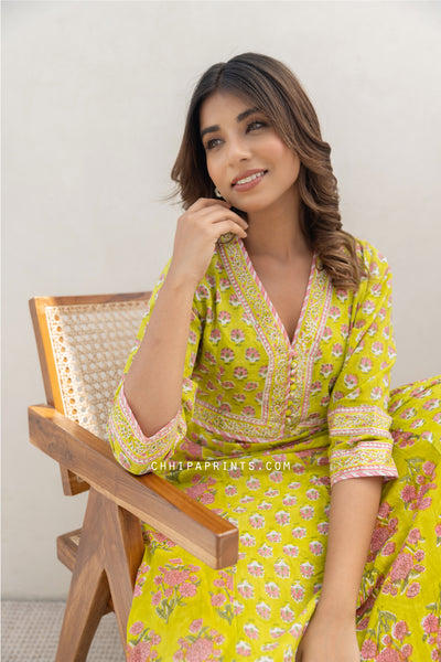 Cotton Block Print Anarkali Maxi Dress in Lime Green & Pink
