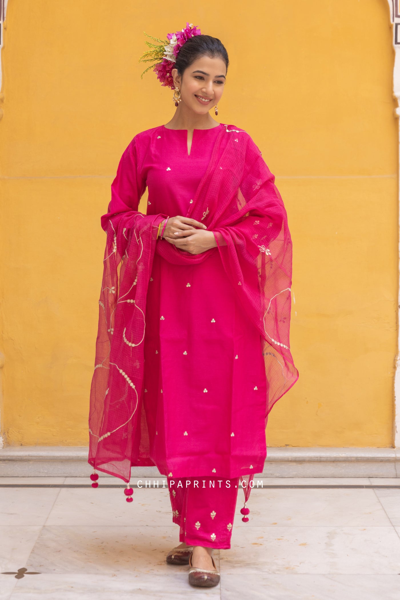 Chanderi Silk Gota Patti Buti Suit Set in Hot Pink