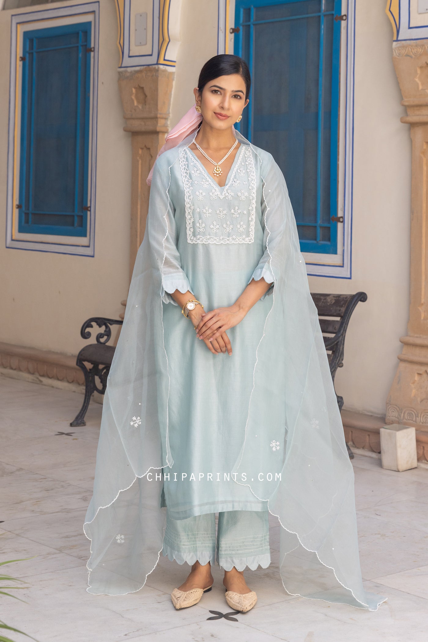 Chanderi Silk Pearl Embroidery Suit Set in Blue Haze