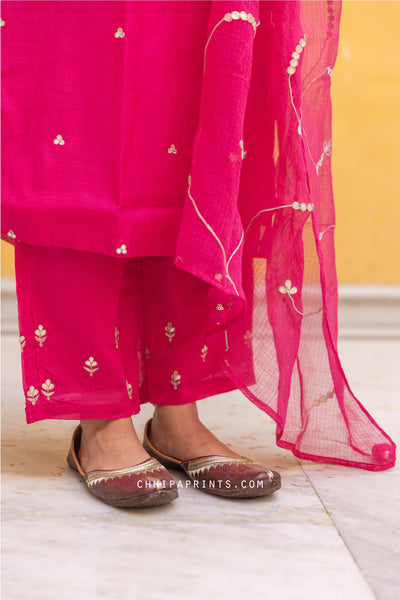 Chanderi Silk Gota Patti Buti Suit Set in Hot Pink