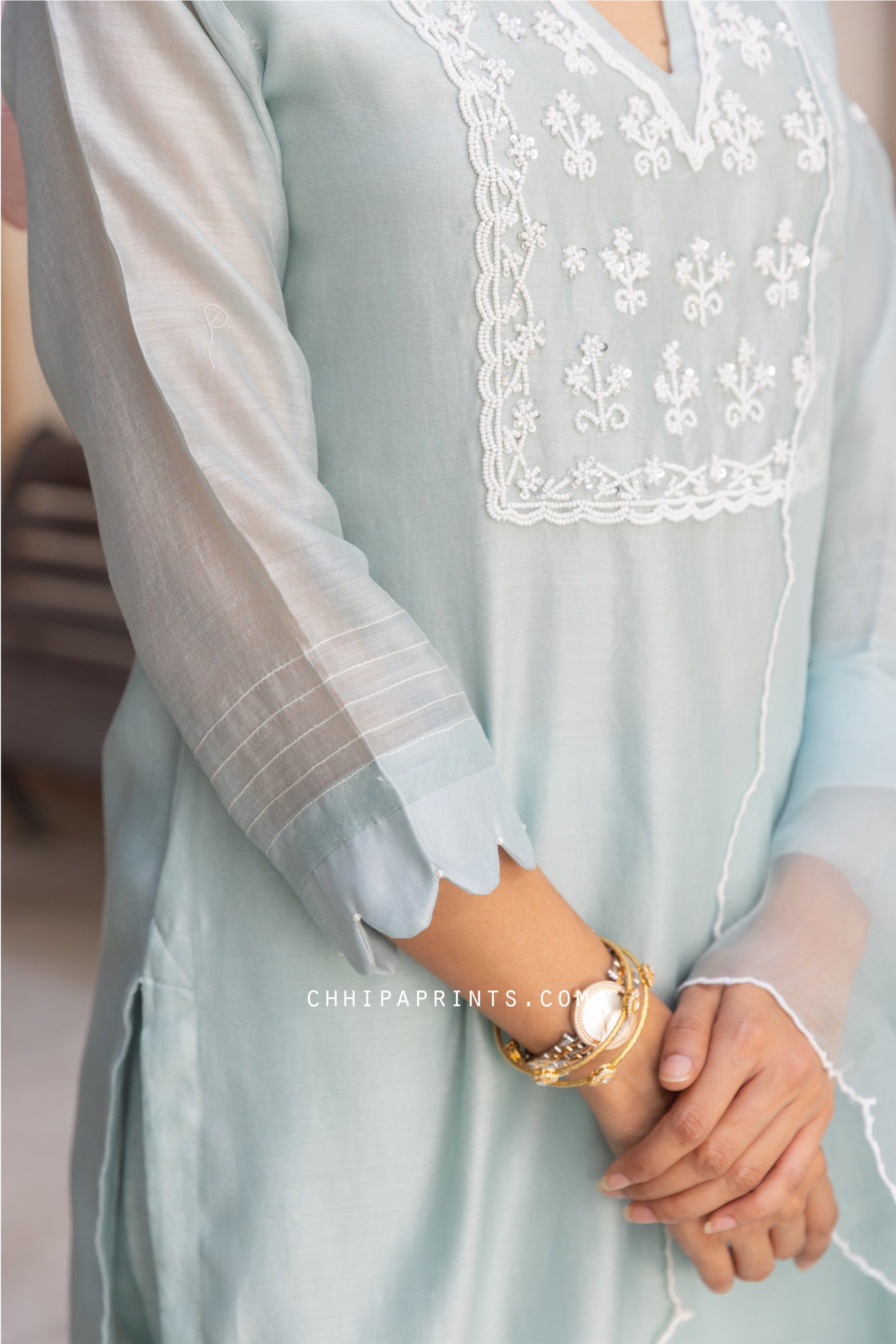 Chanderi Silk Pearl Embroidery Suit Set in Blue Haze