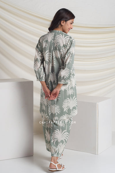 Cotton Hand Printed Palm Tree Co Ord Set in Slate Grey
