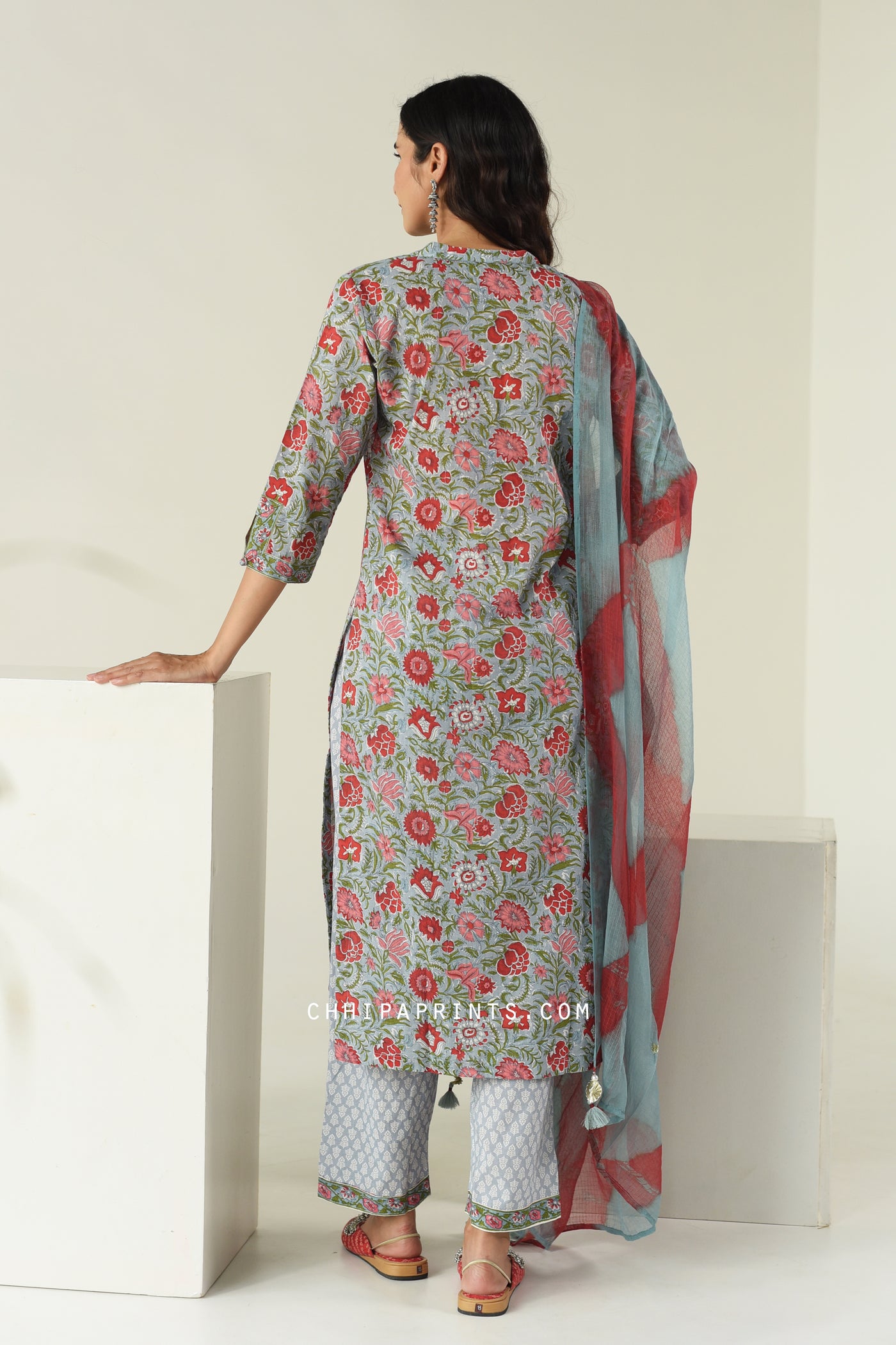 Cotton Mughal Jaal Kurta Set in Shades of Red and Grey