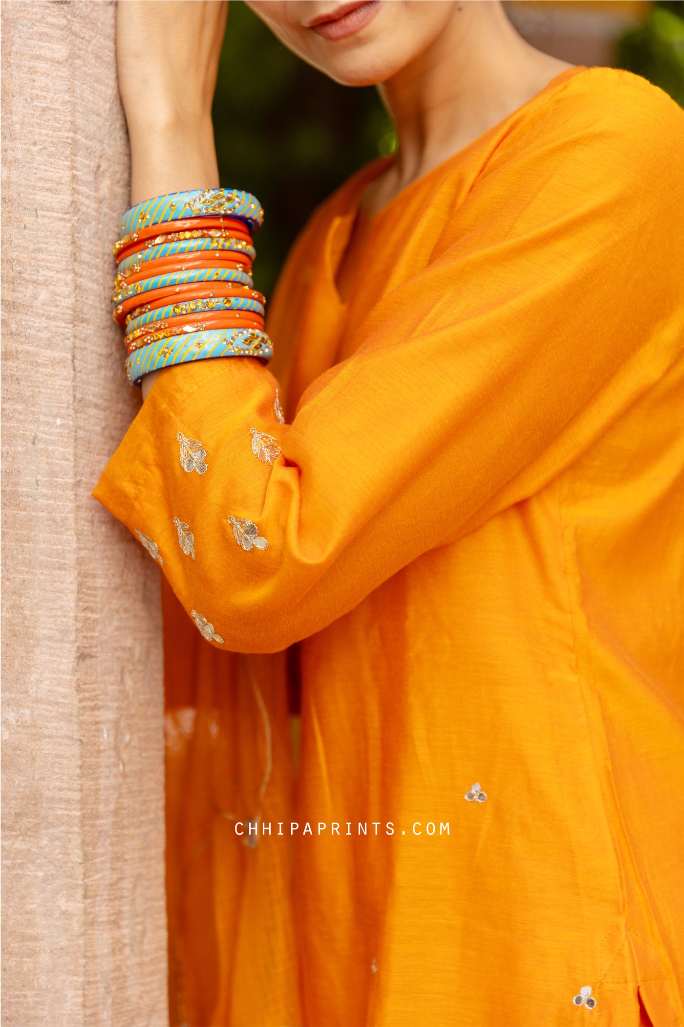 Chanderi Silk Gota Patti Buti Suit Set in Sun Orange