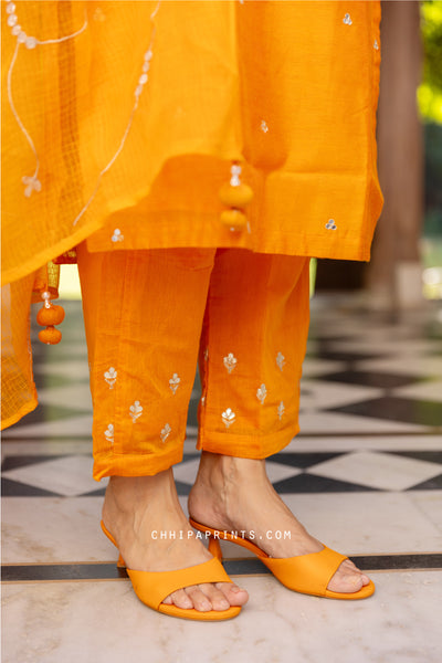 Chanderi Silk Gota Patti Buti Suit Set in Sun Orange