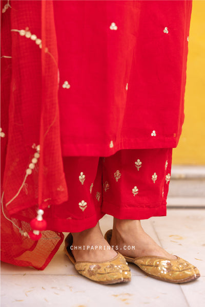 Chanderi Silk Gota Patti Buti Suit Set in Goji Berry Red
