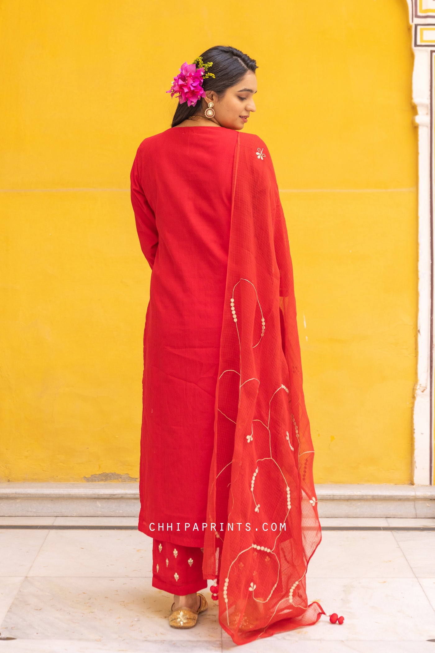 Chanderi Silk Gota Patti Buti Suit Set in Goji Berry Red
