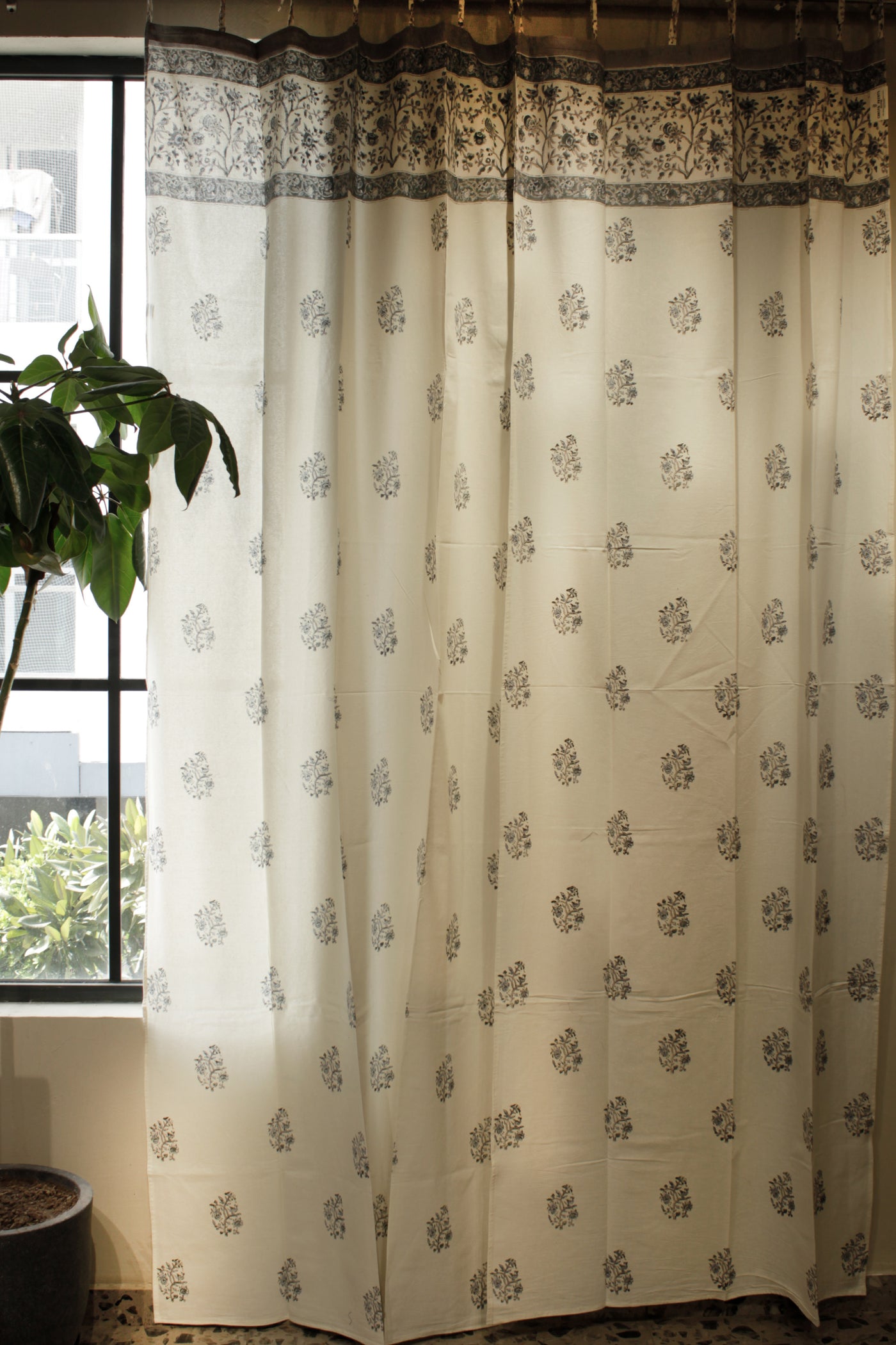 Cotton Mughal Buta Block Print Curtain in Shade of Blue & White