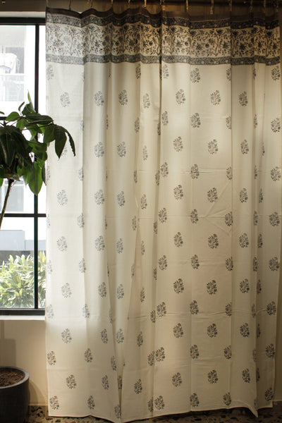 Cotton Mughal Buta Block Print Curtain in Shade of Blue & White