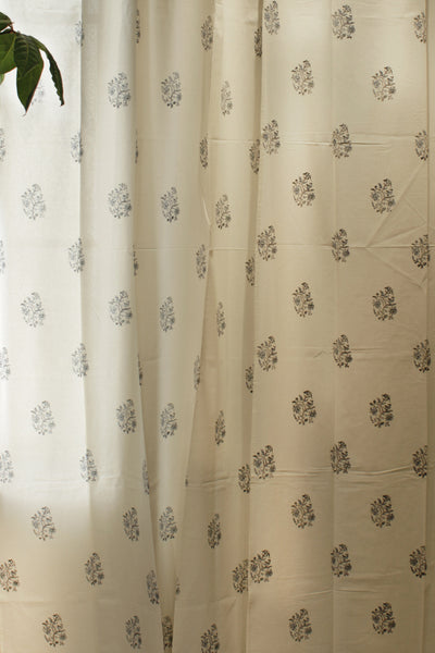 Cotton Mughal Buta Block Print Curtain in Shade of Blue & White
