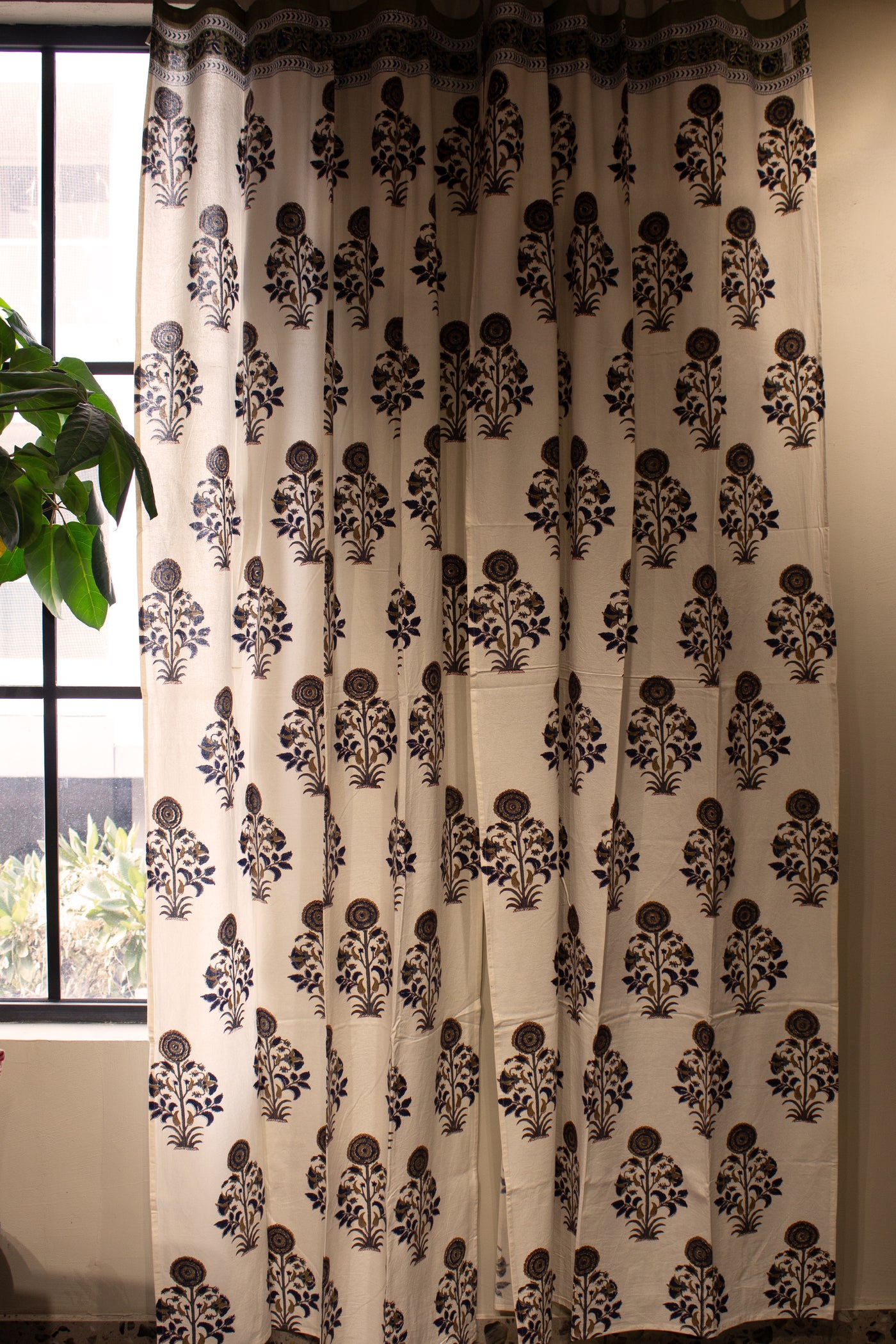 Cotton Mughal Buta Block Print Curtain in White and Blue