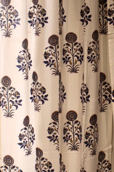 Cotton Mughal Buta Block Print Curtain in White and Blue