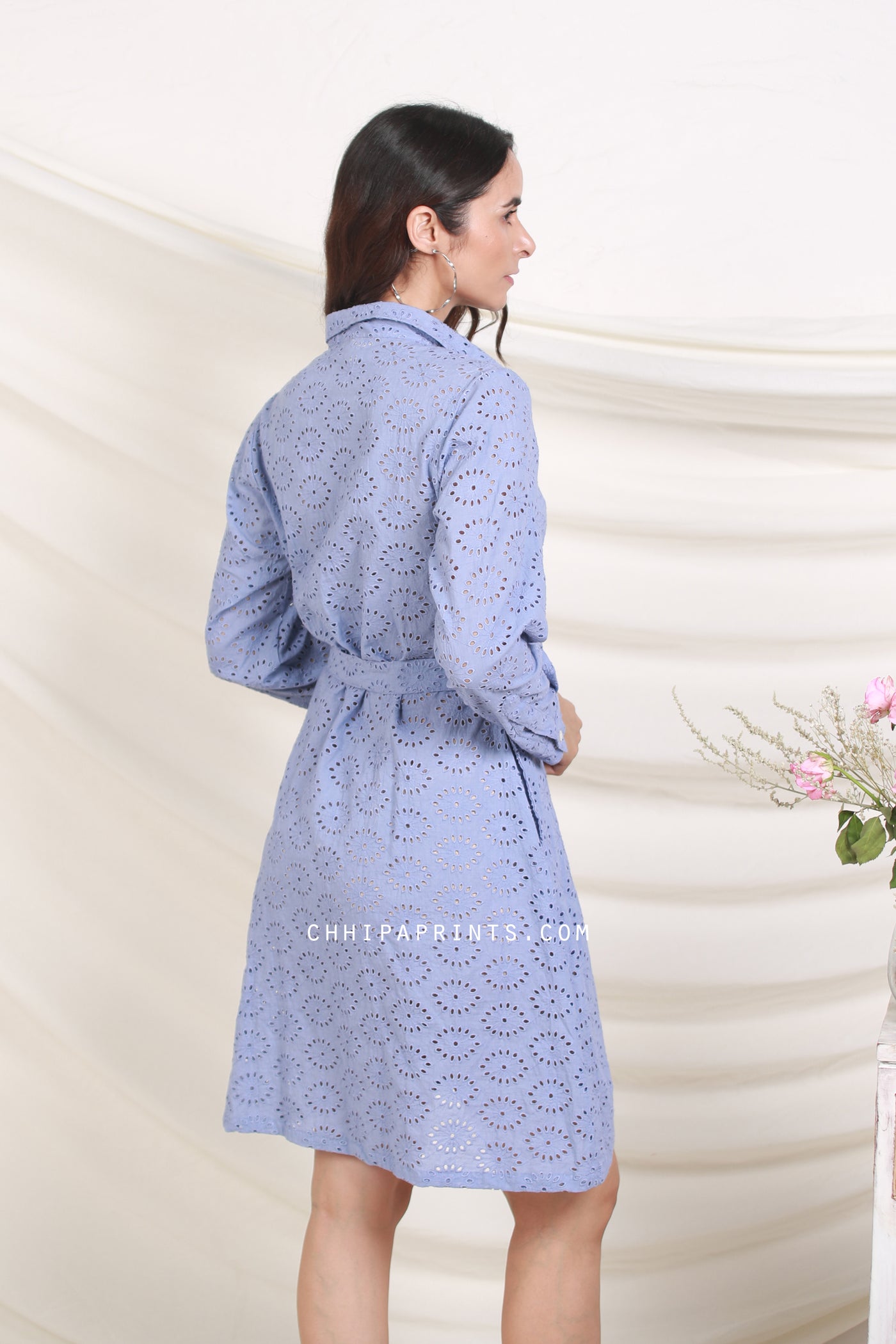 Cotton Schiffli Embroidery Shirt Dress in Powder Blue