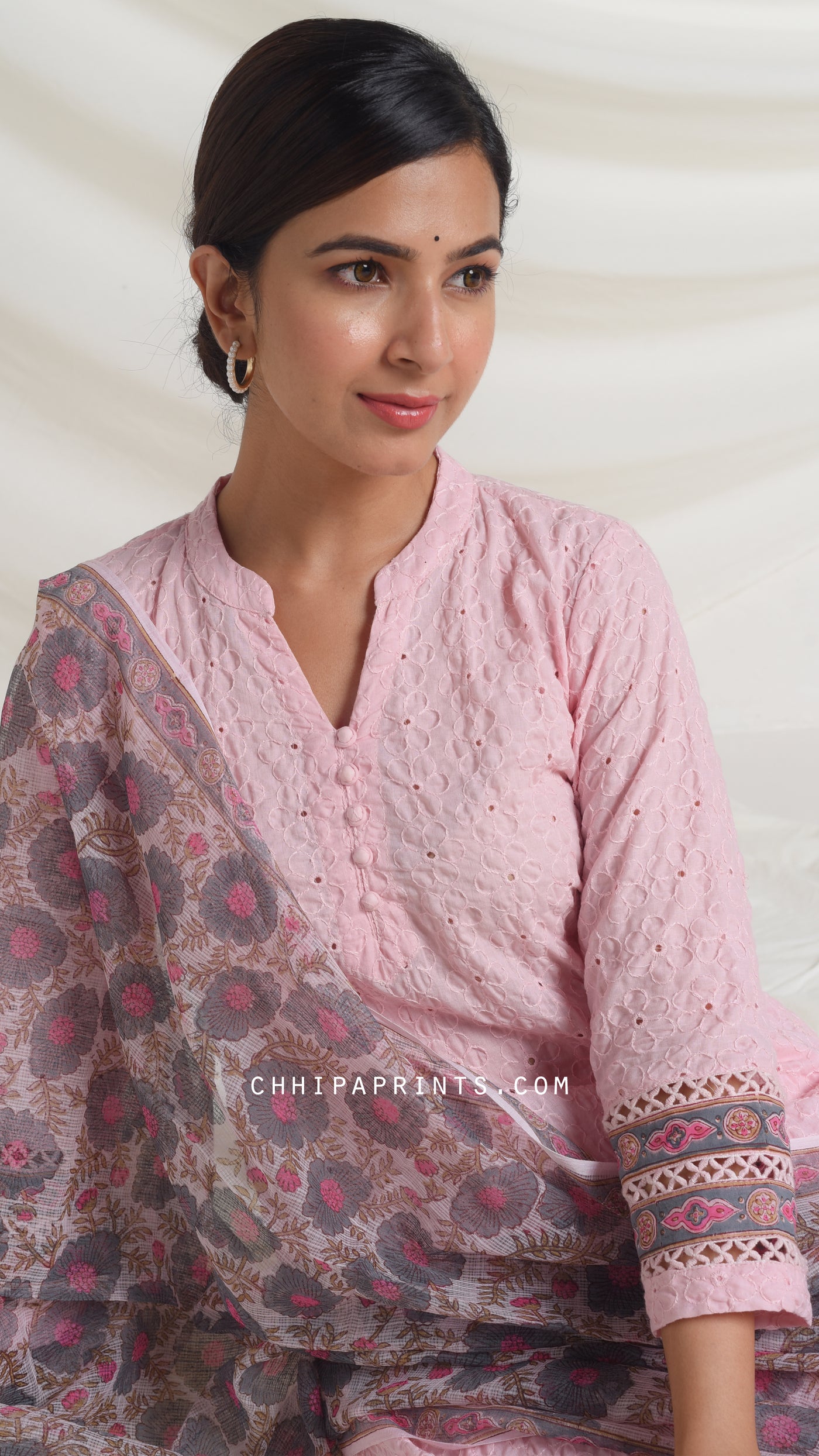 Cotton Schiffli Embroidery Kurta Set in Baby Pink