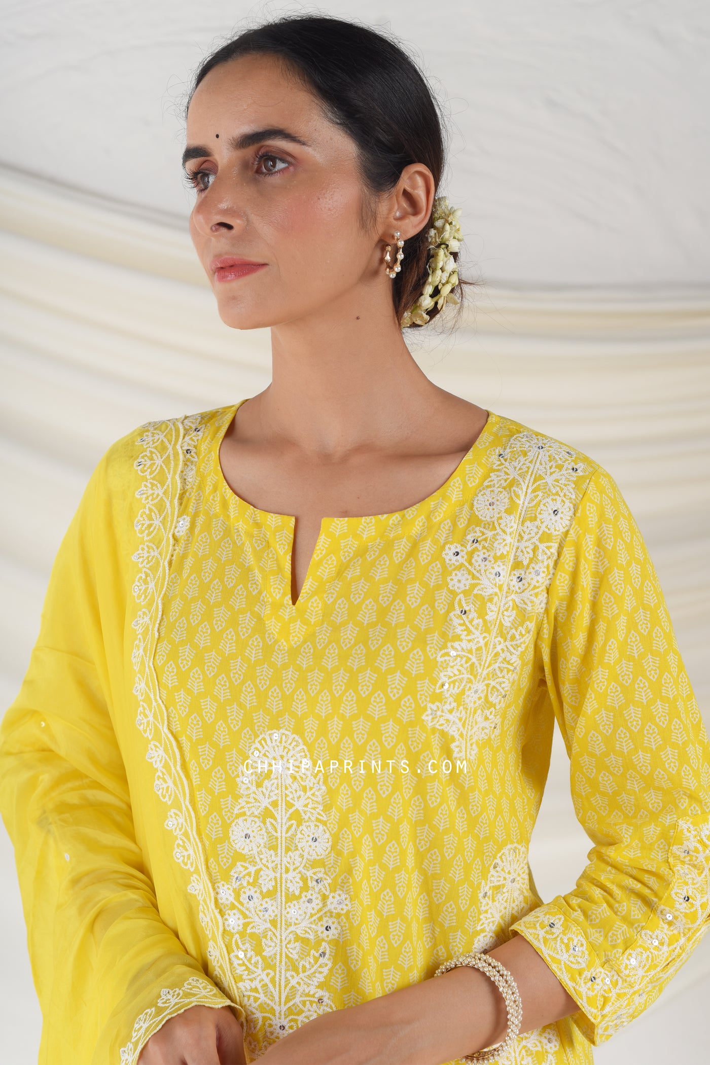 Cotton Gud Buti Buta Embroidery Kurta Set in Solar Power Yellow