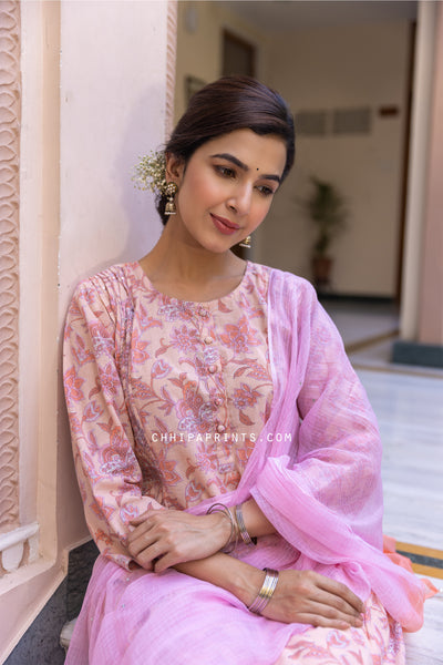 Cotton Gud Jaal Print Suit Set from Vrishti Collection in Shades of Tropical Peach (Set of 3)