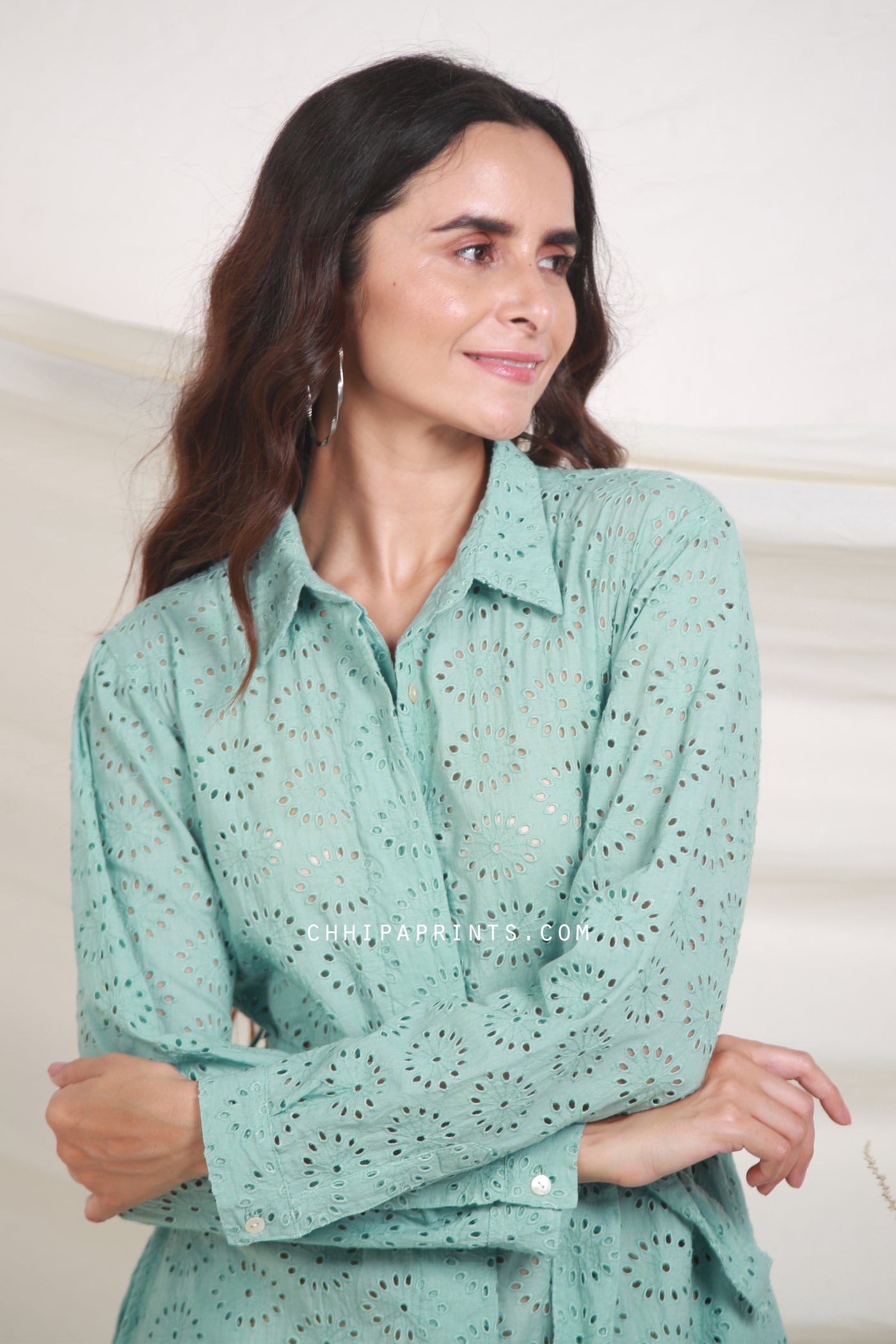 Cotton Schiffli Embroidery Shirt Dress in Teal Green