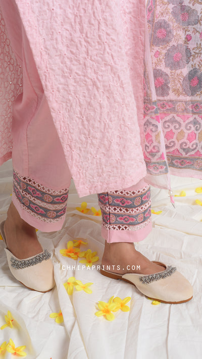 Cotton Schiffli Embroidery Kurta Set in Baby Pink