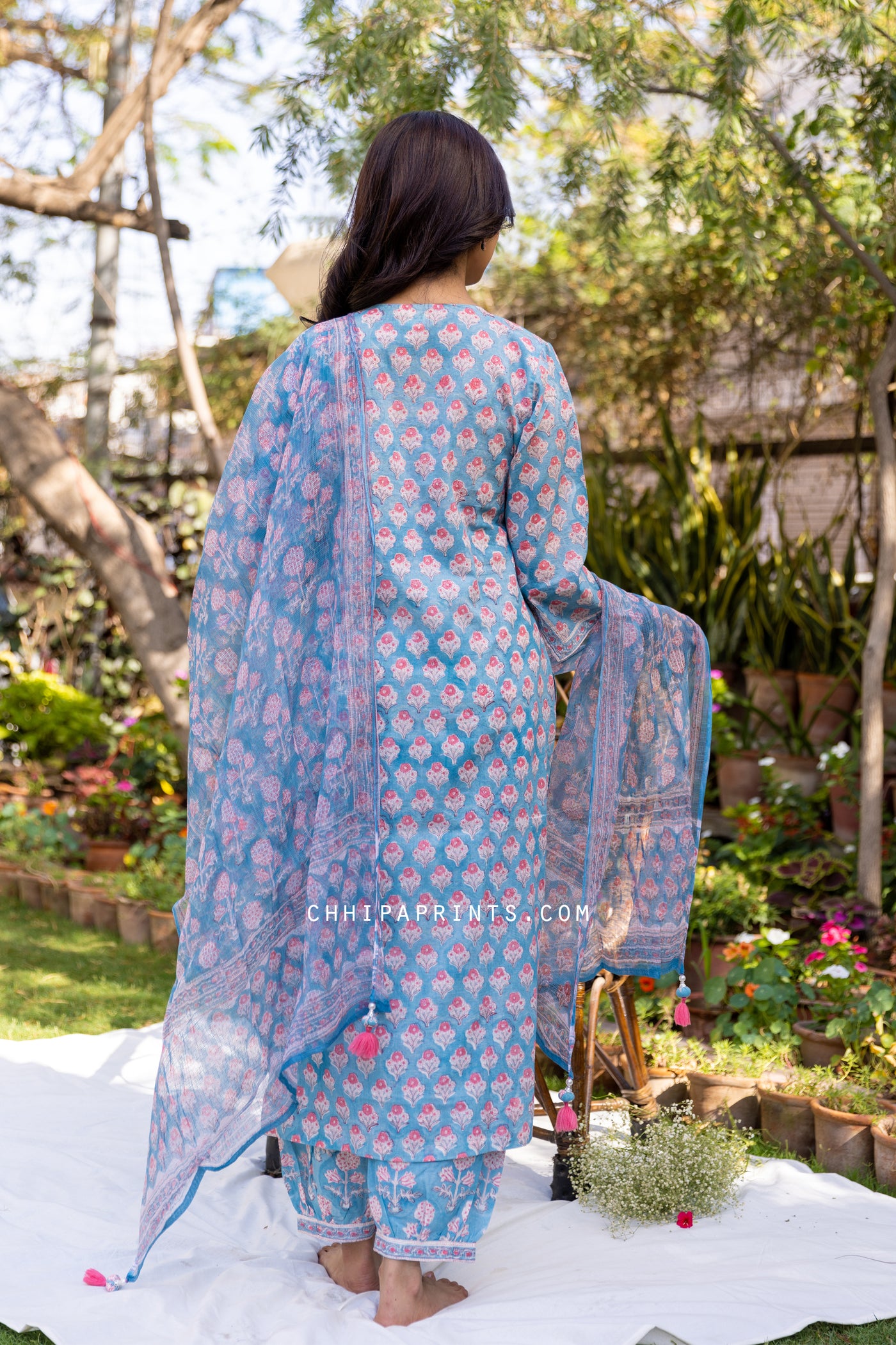 Cotton Gud Buti Block Print Suit Set from Do Pehar Collection in Azure Blue (Set of 3)