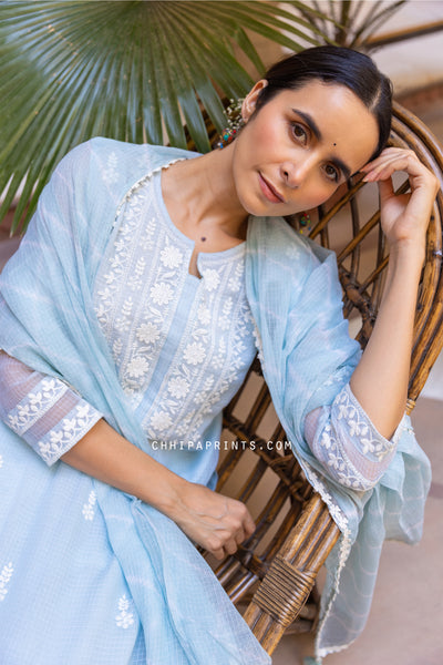 Kota Doria Embroidery Suit Set from Khwaab Collection in Baby Blue