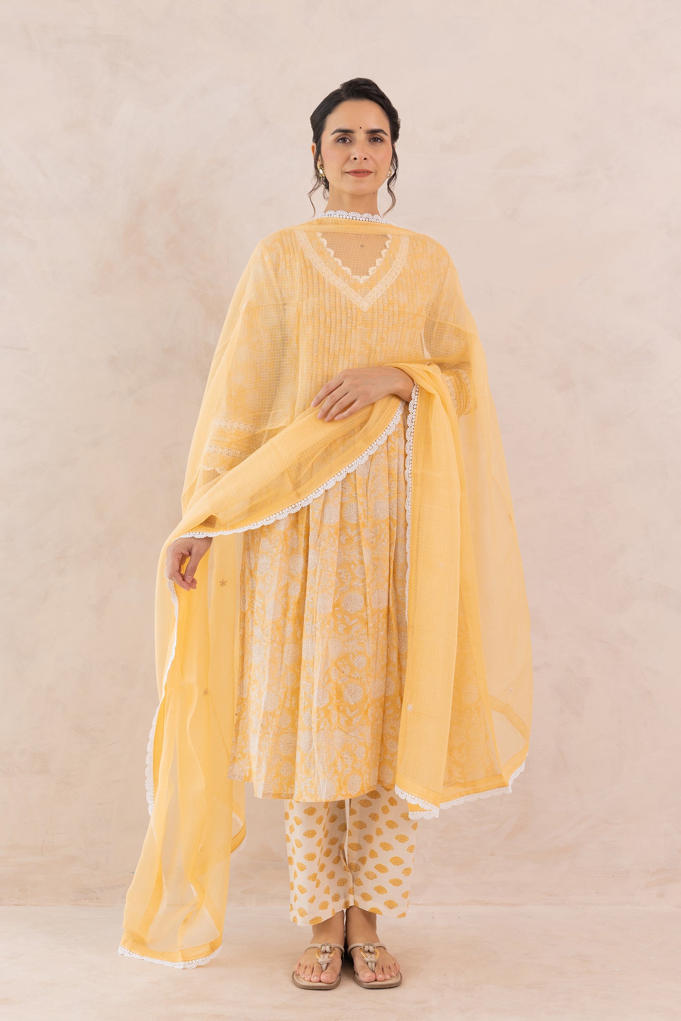 Cotton Block Print Floral Jaal Kurta Set in Saffron Yellow