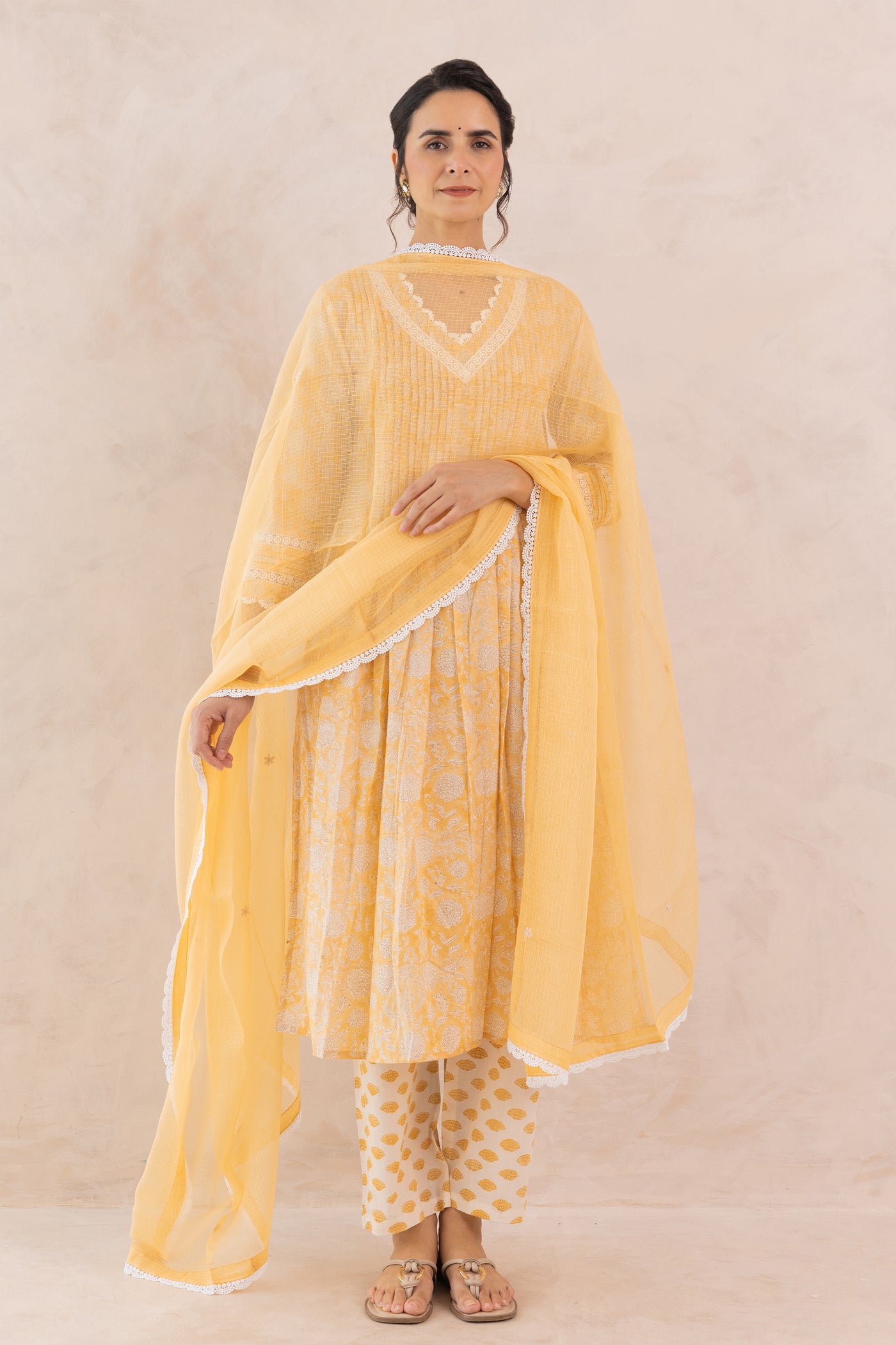 Cotton Block Print Floral Jaal Kurta Set in Saffron Yellow