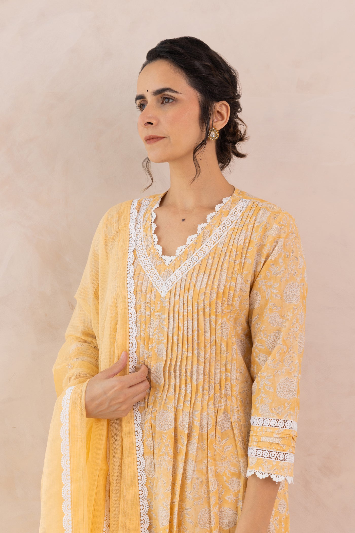 Cotton Block Print Floral Jaal Kurta Set in Saffron Yellow