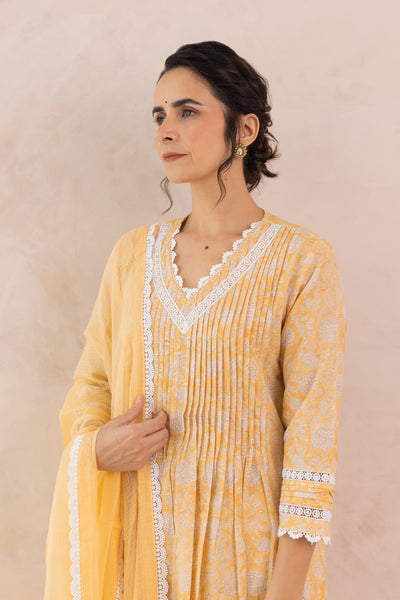 Cotton Block Print Floral Jaal Kurta Set in Saffron Yellow
