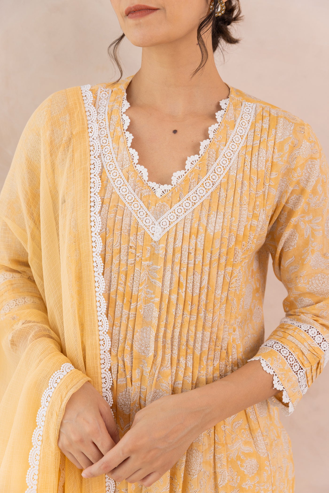 Cotton Block Print Floral Jaal Kurta Set in Saffron Yellow