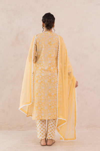 Cotton Block Print Floral Jaal Kurta Set in Saffron Yellow