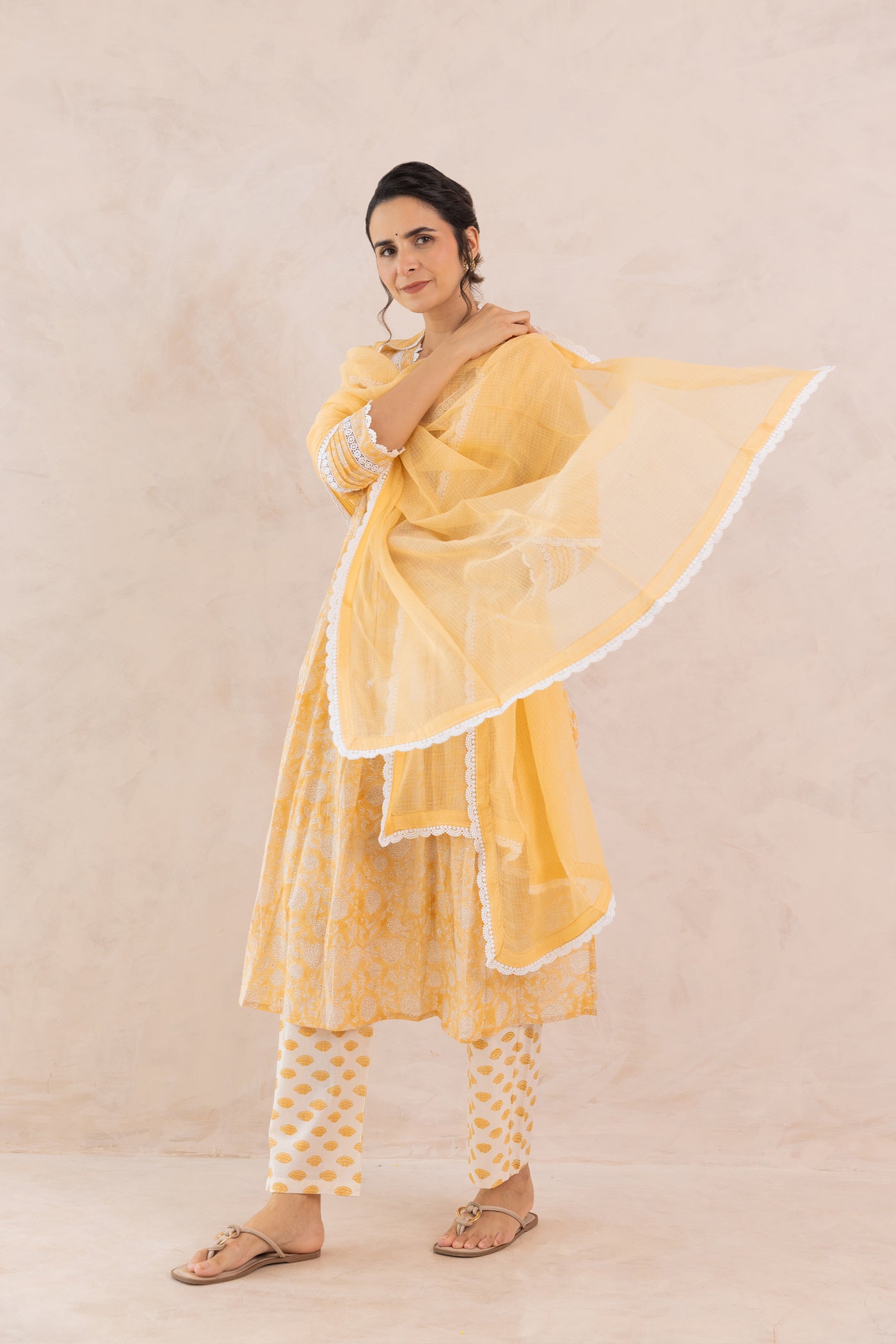 Cotton Block Print Floral Jaal Kurta Set in Saffron Yellow
